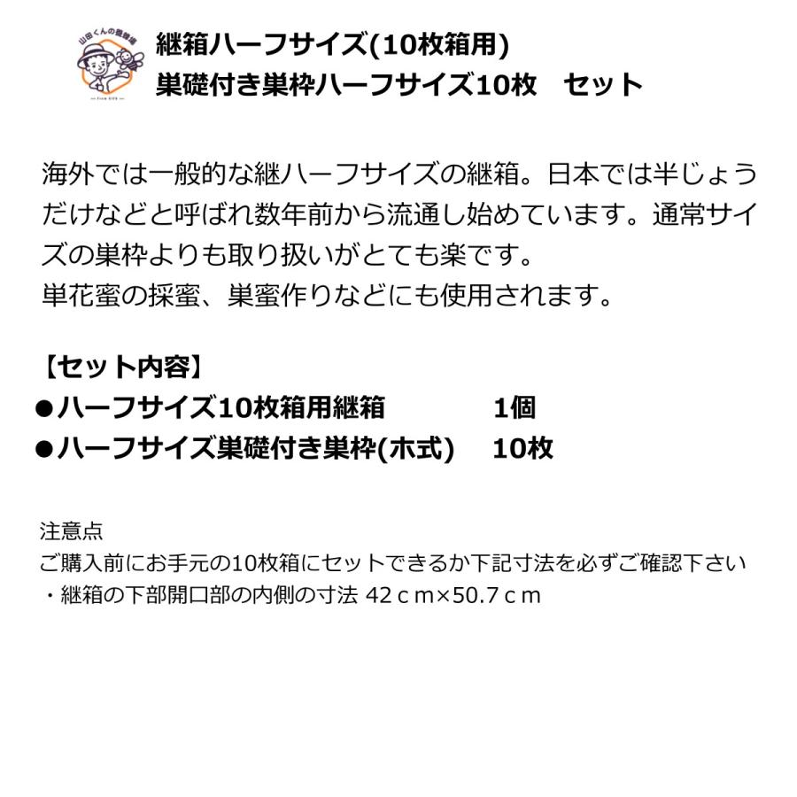 西洋ミツバチ 継箱ハーフサイズ10枚箱用 ハーフサイズ巣礎付き巣枠10枚