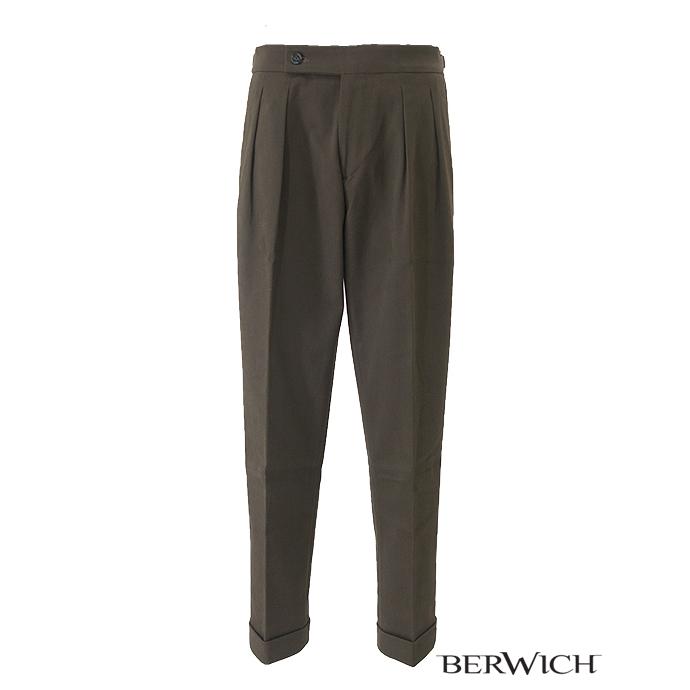 BERWICH/ベルウィッチ/2プリーツベルトレスパンツ/SCOTCH/ウィンターコットンツイルストレッチ/ダークブラウン/ber442003 | BERWICH