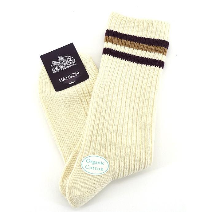 HALISON/ハリソン/アイビークルーソックス/オーガニックコットン/オフホワイト×エンジ/hal341404 | HALISON | 01
