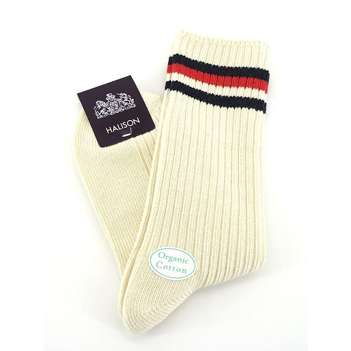 HALISON/ハリソン/アイビークルーソックス/オーガニックコットン/オフホワイト×レッド/hal341405 | HALISON | 01