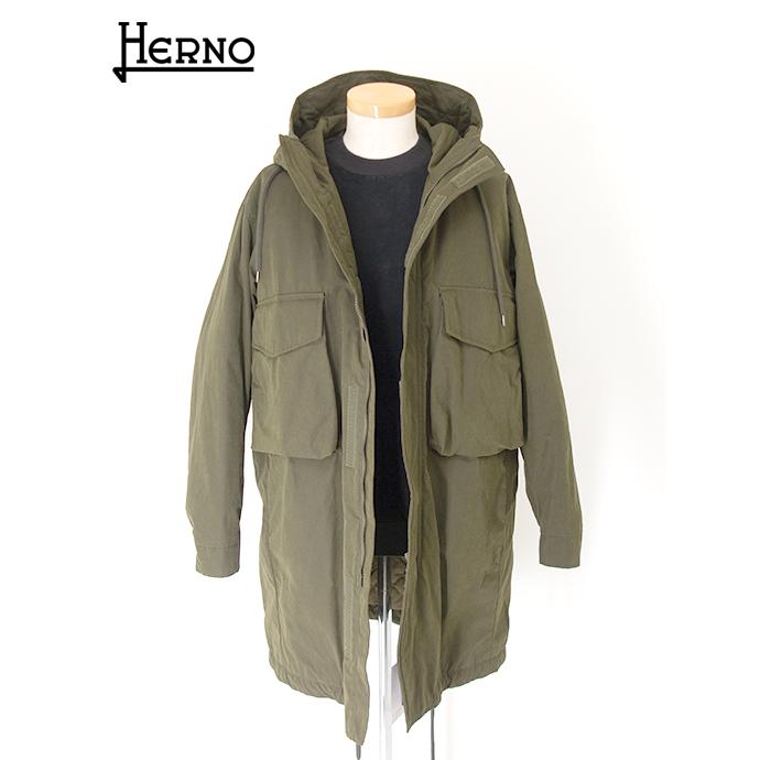【30％OFF】ヘルノ HERNO フーデッドコート/ワックスドコットンミックス ミリタリーグリーン her501802 | HERNO