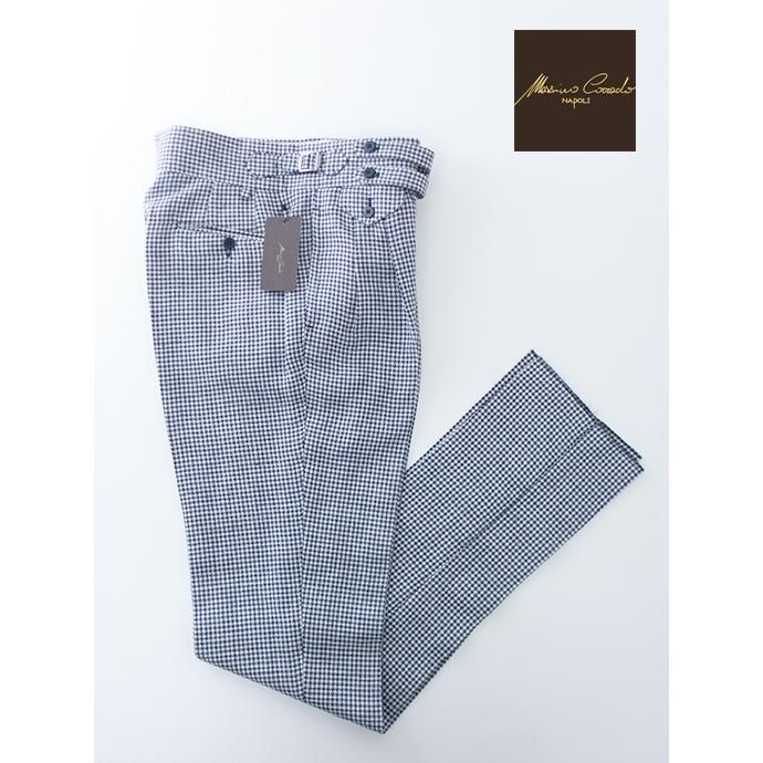 マッシモ・コラード Massimo Corrado ベルトレストラウザーズ/千鳥格子リネンウール イタリア製 ネイビー×ホワイト mac501004 | ブランド登録なし