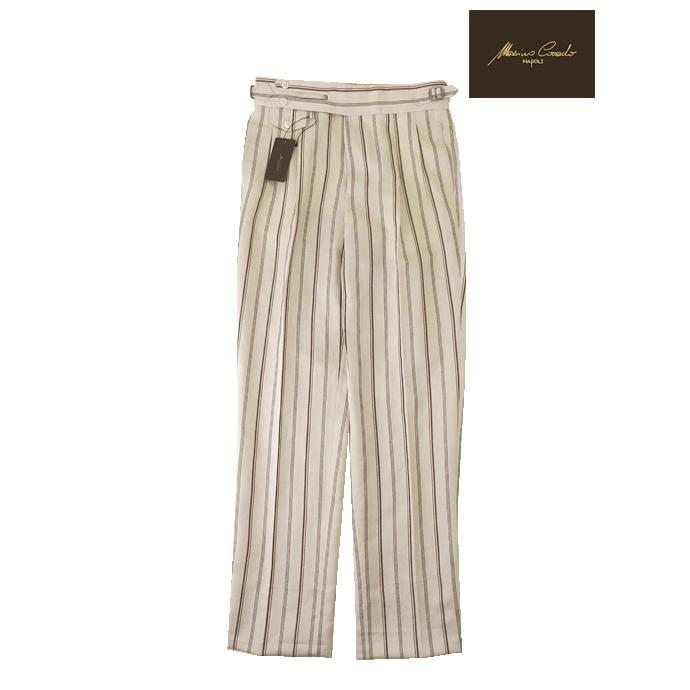 マッシモ・コラード Massimo Corrado ベルトレストラウザーズ/ウィンザーモデル/リネンシルク イタリア製 オフホワイト×ブラウン mac520401 | 