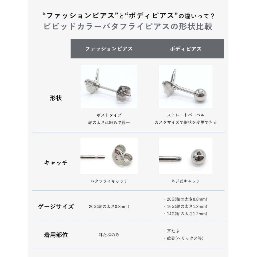 ボディピアス ファッションピアス 20G 16G 14G ビビッドカラー バタフライ ストレートバーベル ポストタイプ 選べるピアスタイプ(1個売り)(オマケ革命) | ROQUE | 10