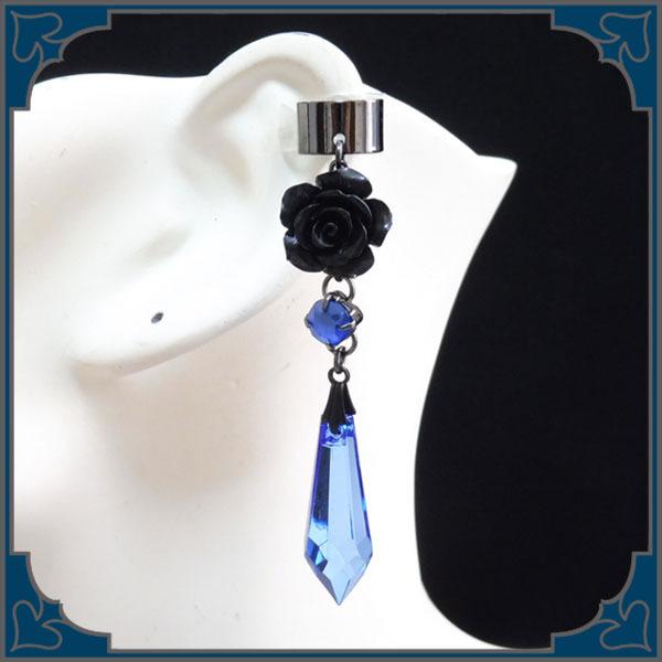 薔薇 バラ ドロップ 雫 青ブルー 黒 ブラック 和風 イヤーカフス