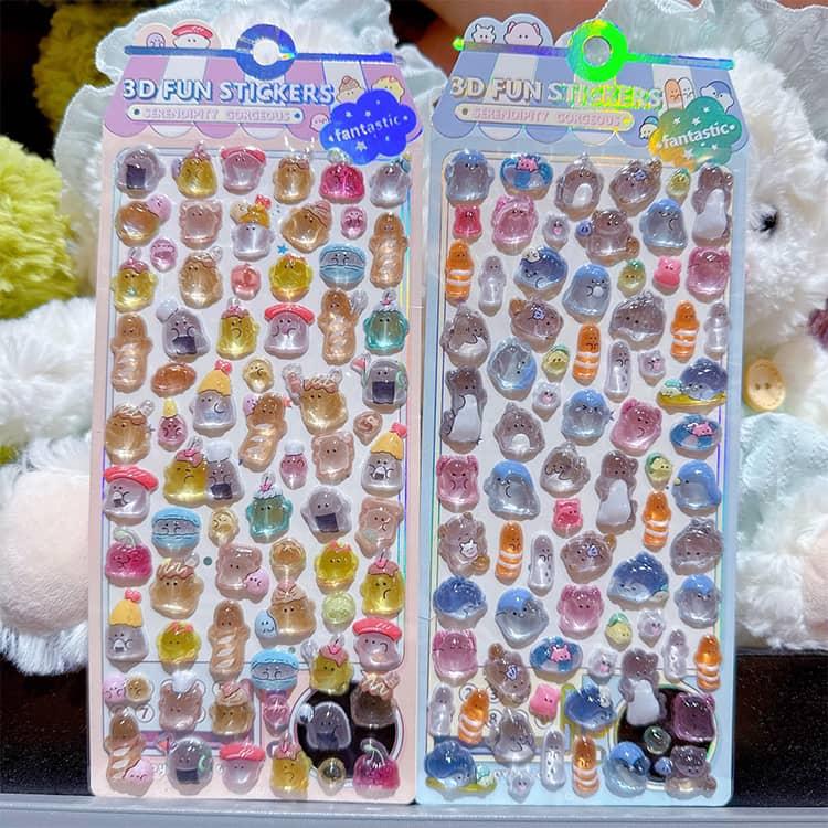 ぷくぷくシール 3D 立体 4枚セット かわいい シール ステッカー ご褒美シール ぷっくり キラキラ 透明 動物 女の子 男の子 シール帳 ...