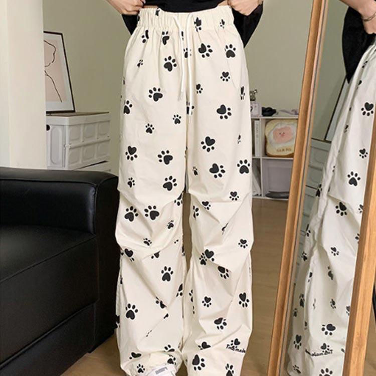 ワイドパンツ レディース 犬 肉球 柄 プリント 総柄 個性的