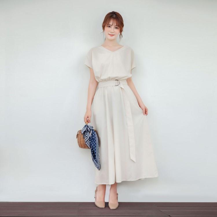 ワンピース レディース Vネック ロング丈 フレンチスリーブ ブラウジング ベルト |  | 06