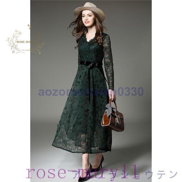 正規店仕入れの カシュクール ワンピース ドレス パーティ ロングワンピース グリーン 緑 お呼ばれ 同窓会 披露宴 花柄レース 結婚式コーデ 二次会 ワンピース サイズ M Kgplast Com