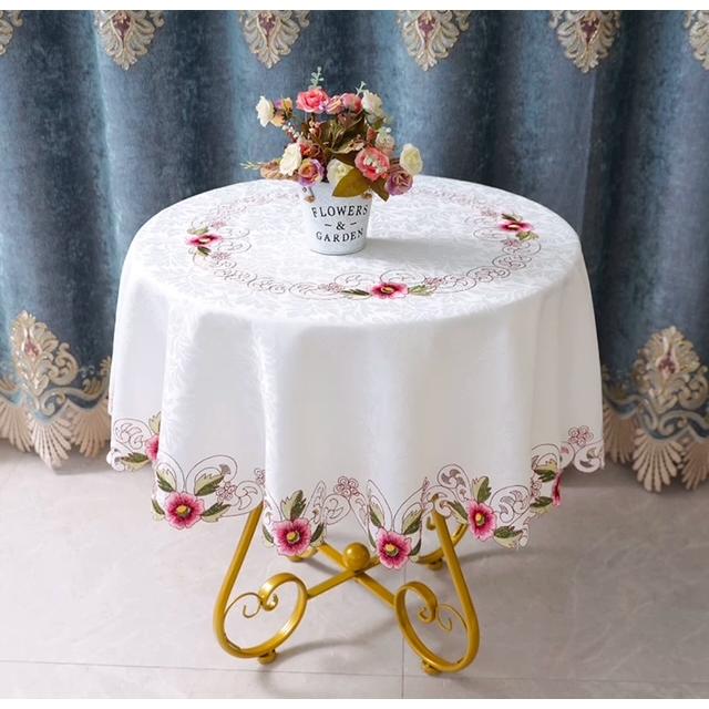 刺繍入りホワイト円形テーブルクロス テーブルクロス 円形 180cm ホワイト地 小花刺繍 : Rose viva
