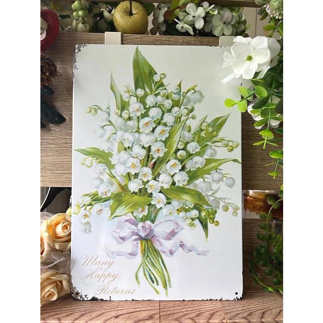 ブリキ看板 20×30cm スズランの花 花束/上鉢 付属品あり アートパネル