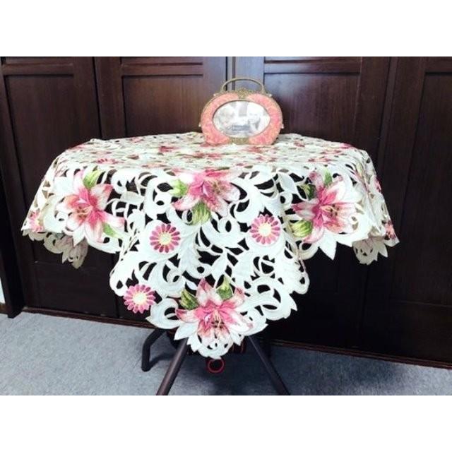 テーブルクロス ALLカットワーク刺繍 85ｃｍ 百合の花  ピンク　　667｜rose-viva-shop