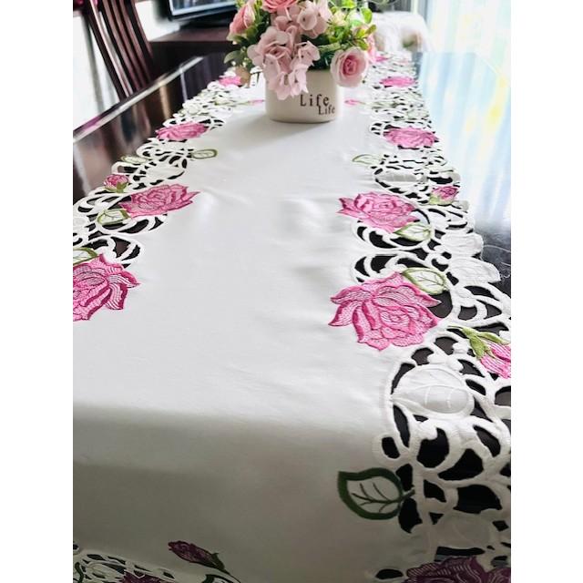 未使用】花柄刺繍 テーブルクロスランナー ピンク色 牡丹 薔薇