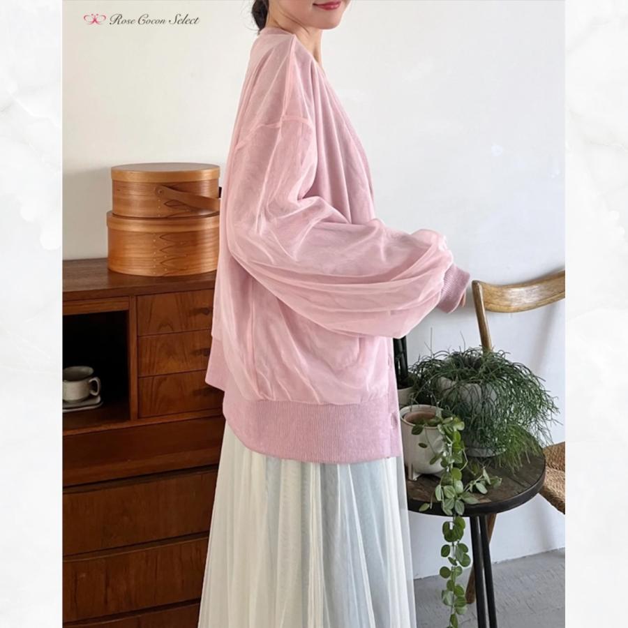 カーディガン　レディース　チュール　ボリューム袖　リブ　Vネック　おしゃれ　ゆったり　長袖　羽織り　冷房　カジュアル　くすみピンク |  | 01