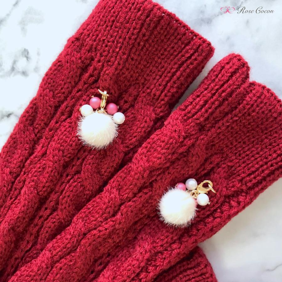 【１点限定】アームウォーマー　アームカバー　ロング　手袋　指なし　ニット　チャーム付き　リメイク　防寒　あったか　温活　冷え　オシャレ　冬　赤 |  | 03