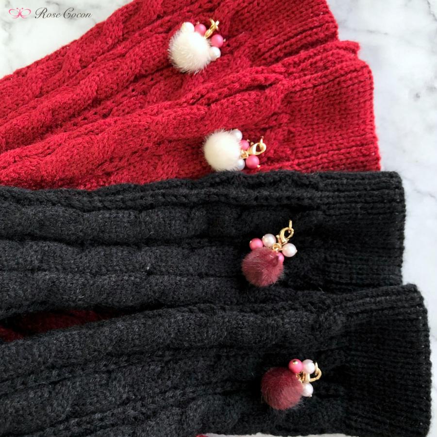 【１点限定】アームウォーマー　アームカバー　ロング　手袋　指なし　ニット　チャーム付き　リメイク　防寒　あったか　温活　冷え　オシャレ　冬　赤 |  | 04