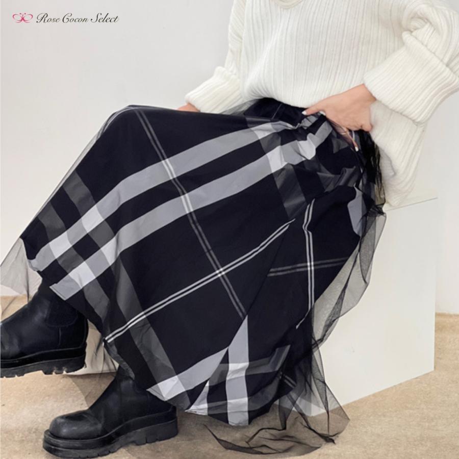 チェック柄　チュール　スカート　ロング　Aライン　着回し　おしゃれ　かわいい　カジュアル　フェミニン　ブラック　レディース |  | 01