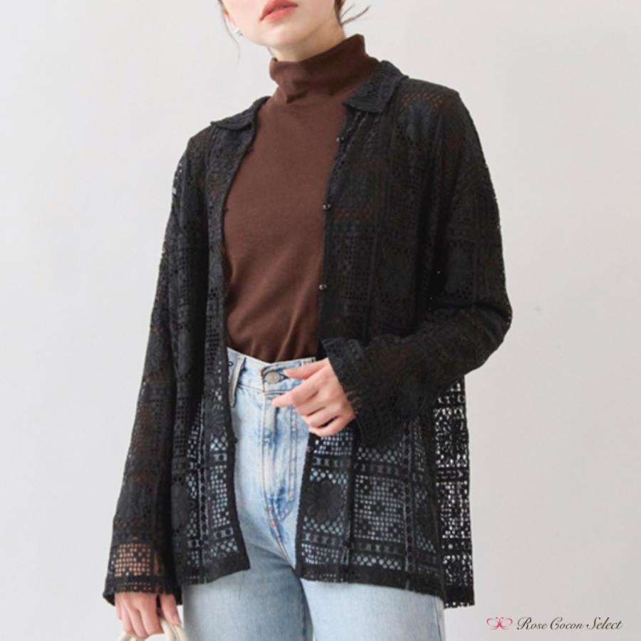 トップス　レディース　レース　ラッセル　ブラウス　シャツ　長袖　透け感　羽織り　黒　ブラック　きれいめ　フェミニン　おしゃれ　体型カバー　秋 | 
