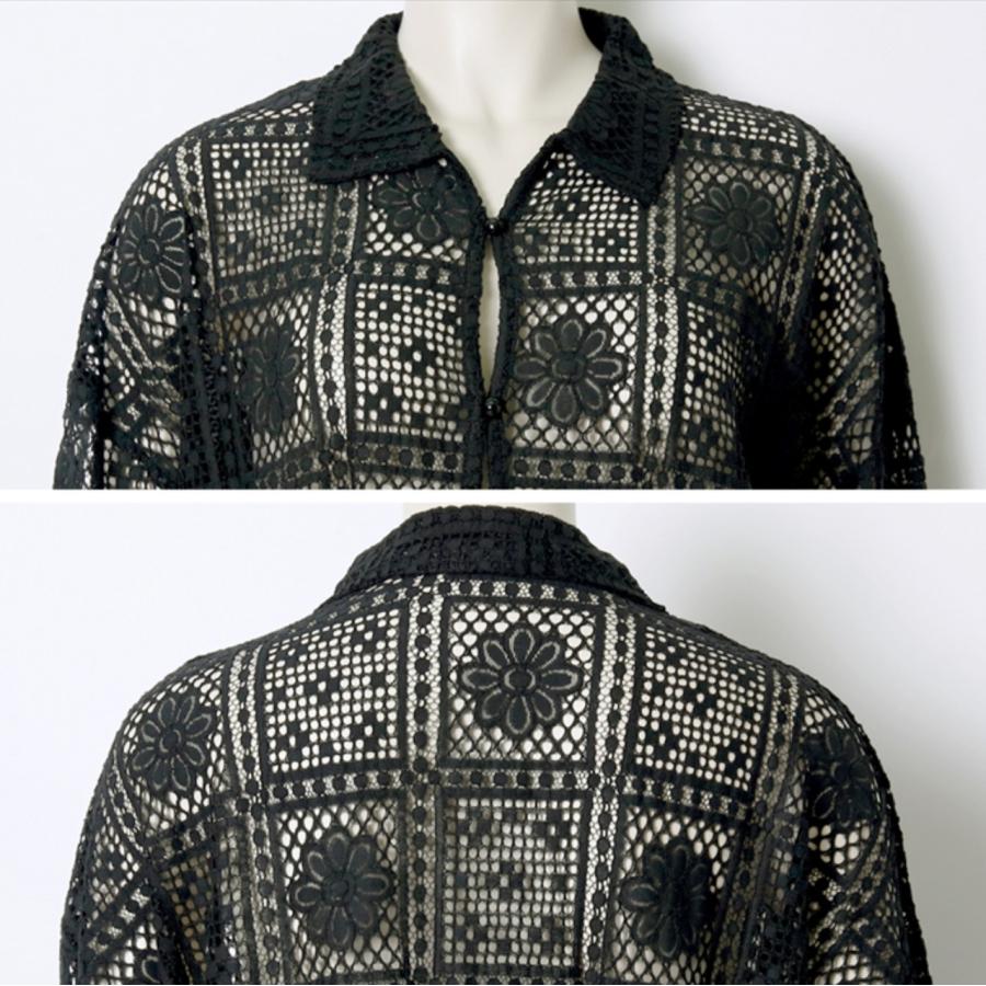 トップス　レディース　レース　ラッセル　ブラウス　シャツ　長袖　透け感　羽織り　黒　ブラック　きれいめ　フェミニン　おしゃれ　体型カバー　秋 |  | 10