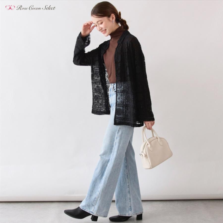 トップス　レディース　レース　ラッセル　ブラウス　シャツ　長袖　透け感　羽織り　黒　ブラック　きれいめ　フェミニン　おしゃれ　体型カバー　秋 |  | 01