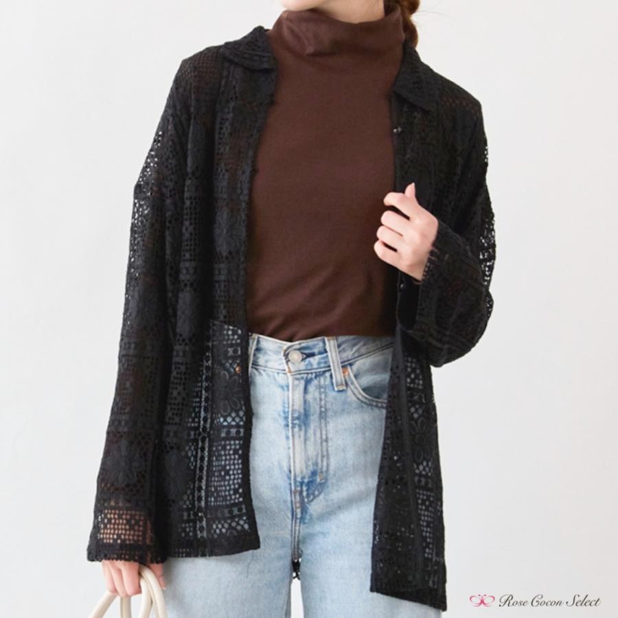 トップス　レディース　レース　ラッセル　ブラウス　シャツ　長袖　透け感　羽織り　黒　ブラック　きれいめ　フェミニン　おしゃれ　体型カバー　秋 |  | 02