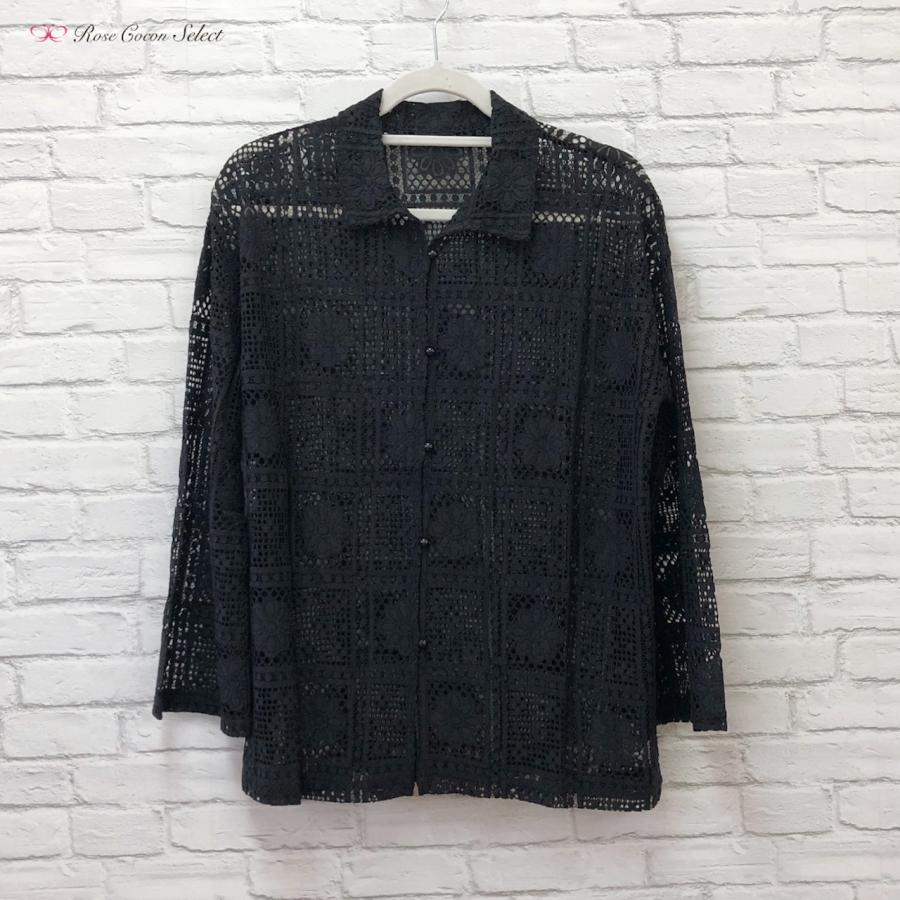 トップス　レディース　レース　ラッセル　ブラウス　シャツ　長袖　透け感　羽織り　黒　ブラック　きれいめ　フェミニン　おしゃれ　体型カバー　秋 |  | 03