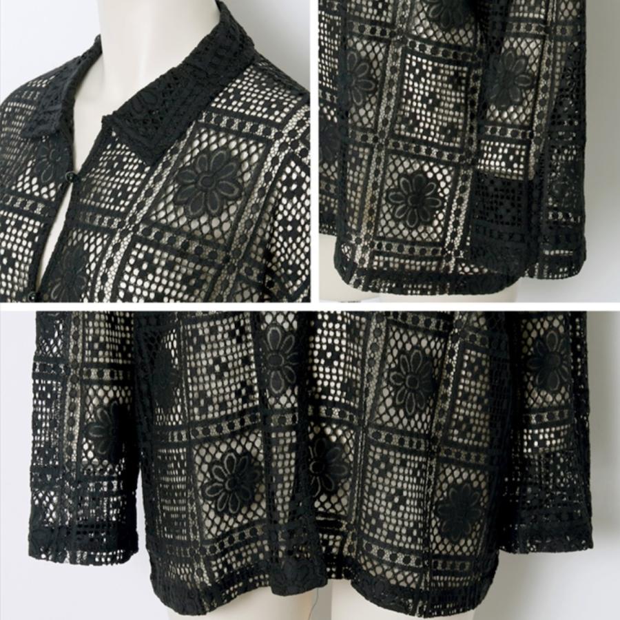 トップス　レディース　レース　ラッセル　ブラウス　シャツ　長袖　透け感　羽織り　黒　ブラック　きれいめ　フェミニン　おしゃれ　体型カバー　秋 |  | 09