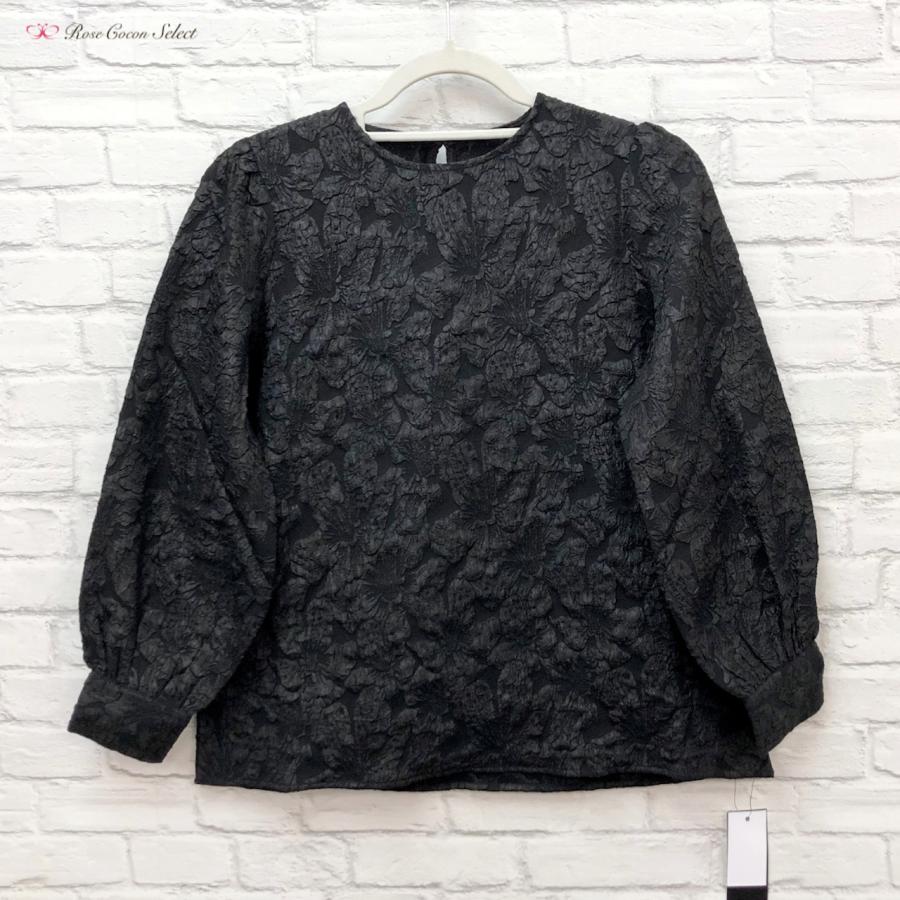 トップス　レディース　カットソー　ジャガード織り　レース風　花柄　長袖　黒　ブラック　フェミニン　おしゃれ　着回し　レイヤード　重ね着　冬春秋 | 