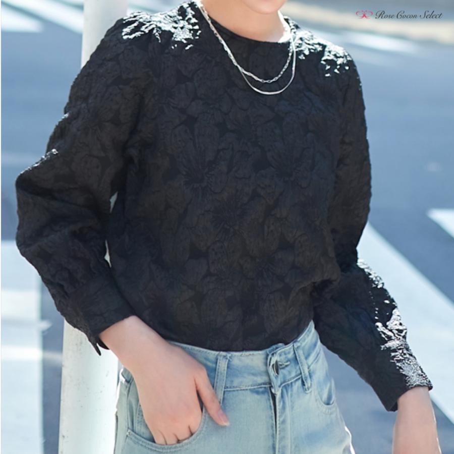 トップス　レディース　カットソー　ジャガード織り　レース風　花柄　長袖　黒　ブラック　フェミニン　おしゃれ　着回し　レイヤード　重ね着　冬春秋 |  | 01