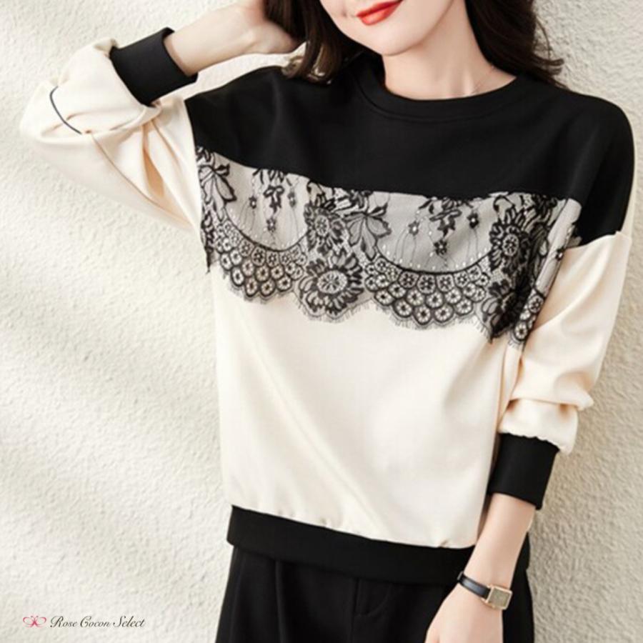 トップス　レディース　スウェット　トレーナー　レース　バイカラー　長袖　ラウンドネック　白　モノトーン　おしゃれ　着回し　オフィスカジュアル |  | 02