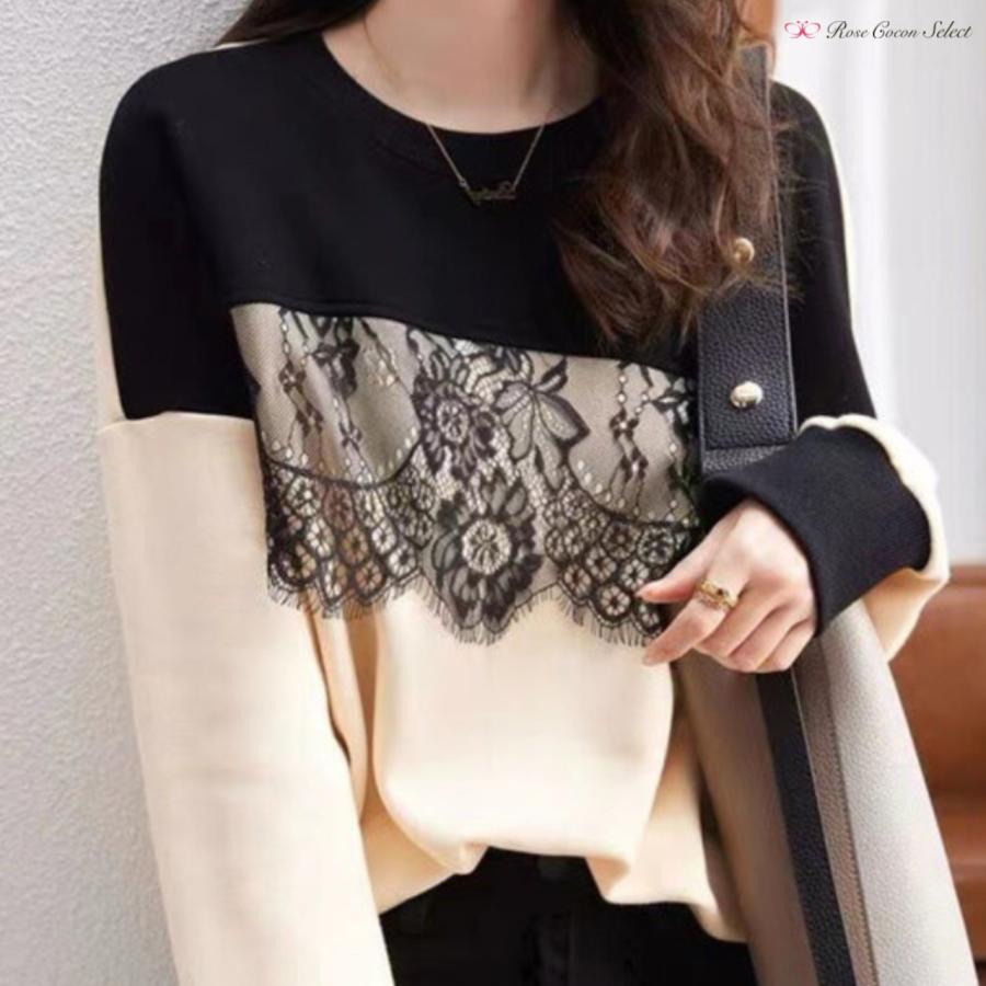 トップス　レディース　スウェット　トレーナー　レース　バイカラー　長袖　ラウンドネック　白　モノトーン　おしゃれ　着回し　オフィスカジュアル |  | 03