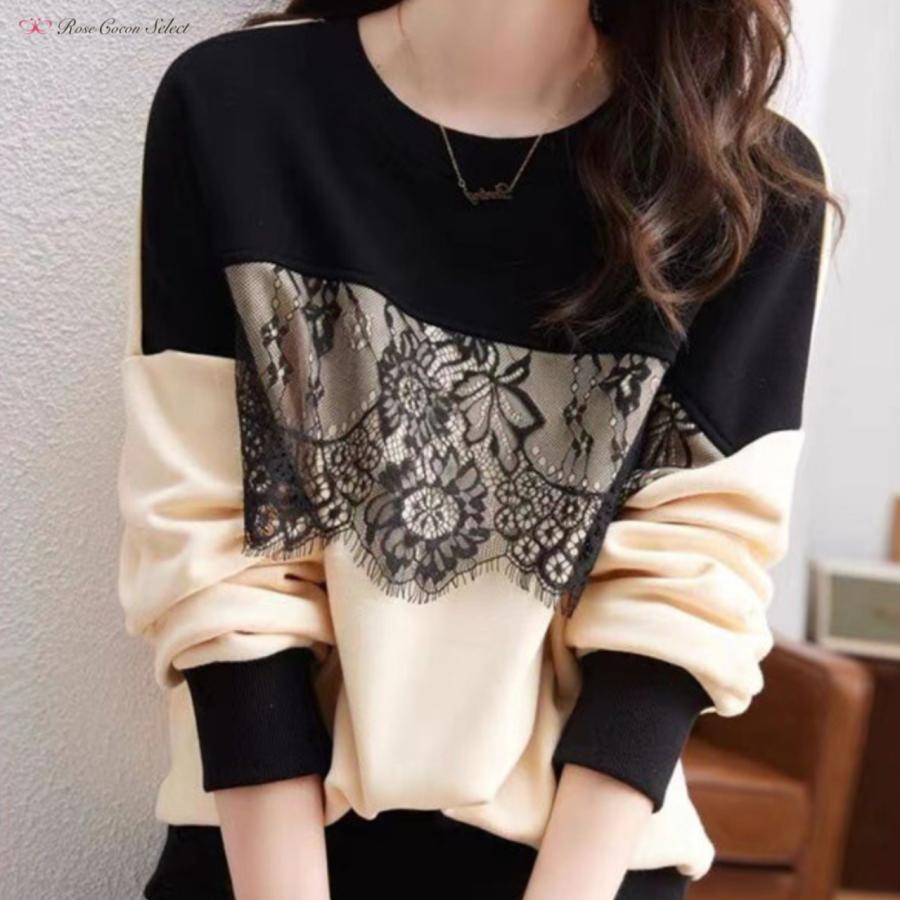トップス　レディース　スウェット　トレーナー　レース　バイカラー　長袖　ラウンドネック　白　モノトーン　おしゃれ　着回し　オフィスカジュアル |  | 04