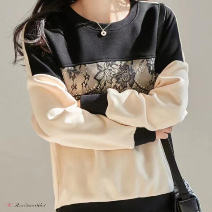 トップス　レディース　スウェット　トレーナー　レース　バイカラー　長袖　ラウンドネック　白　モノトーン　おしゃれ　着回し　オフィスカジュアル |  | 05