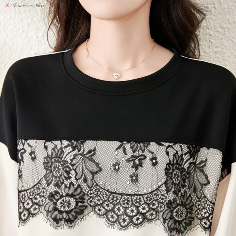 トップス　レディース　スウェット　トレーナー　レース　バイカラー　長袖　ラウンドネック　白　モノトーン　おしゃれ　着回し　オフィスカジュアル |  | 06