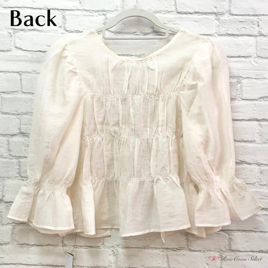 トップス　レディース　無地　シャーリング　シャツ　５分袖　半袖　フリル　二の腕カバー　2way　着回し　羽織り　短め丈　フェミニン　おしゃれ　アイボリー |  | 02