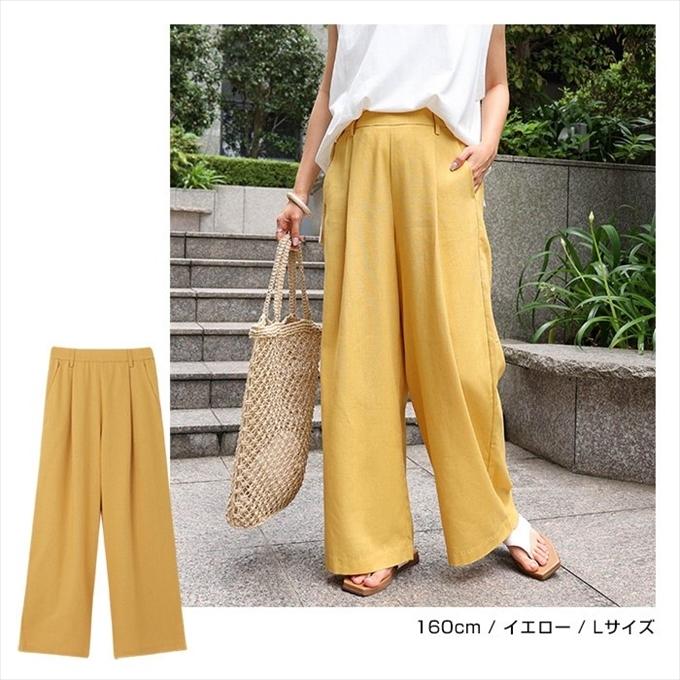 リネン レーヨン タック ワイドパンツ レディース 麻 ウエストゴム 