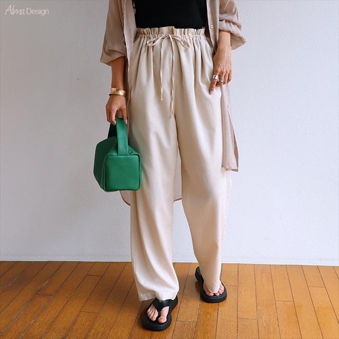 リネンブレンド ウエストゴム ドロスト ワイド イージーパンツ