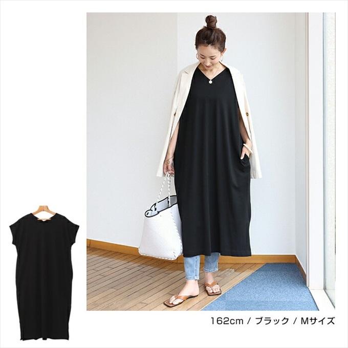 コットン 天竺 Vネック 半袖 Tシャツ ワンピース レディース ステッチ