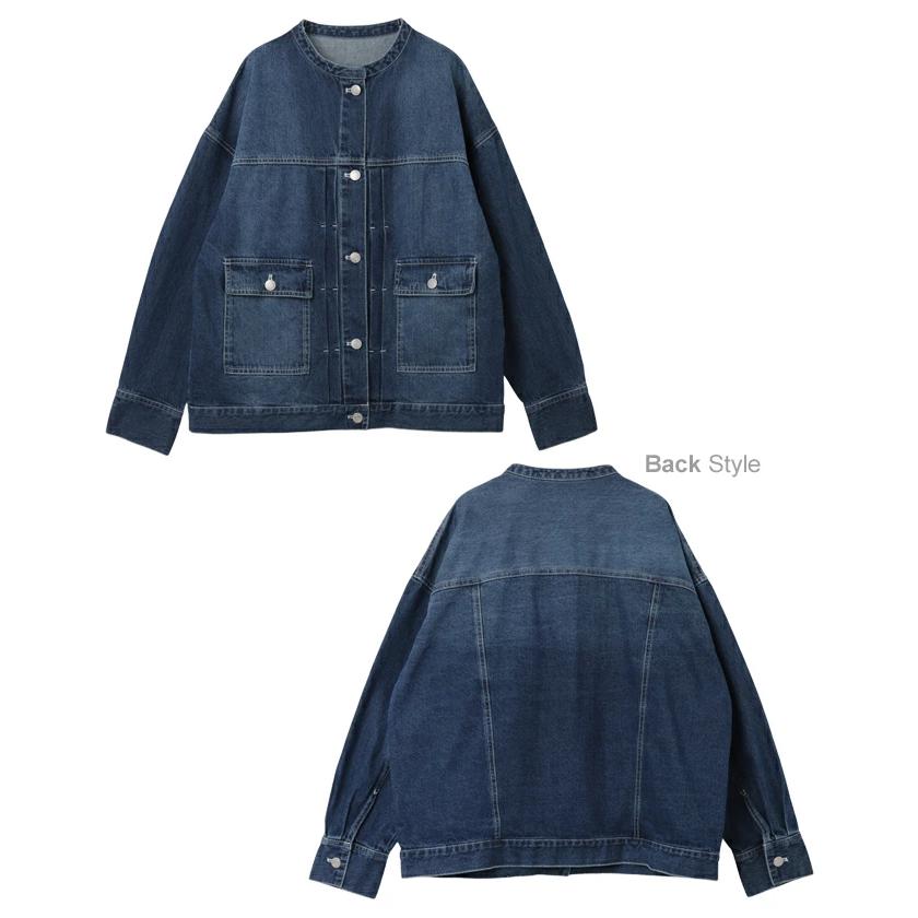 オーバーサイズ ノーカラー デニム ジャケット レディース ツイル 配色