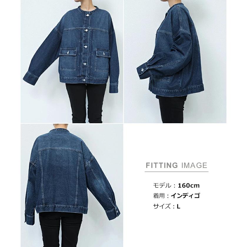 オーバーサイズ ノーカラー デニム ジャケット レディース ツイル 配色