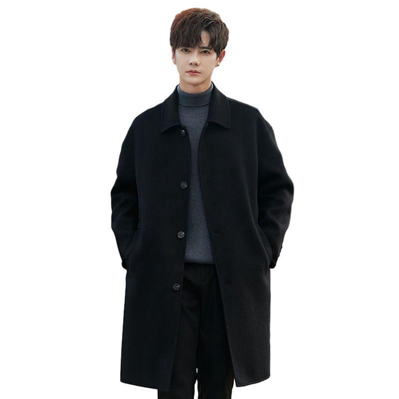 メンズチェスターコート　ブラック チェスターコート メンズ ウール100% トレンチコート 折り襟 シングル