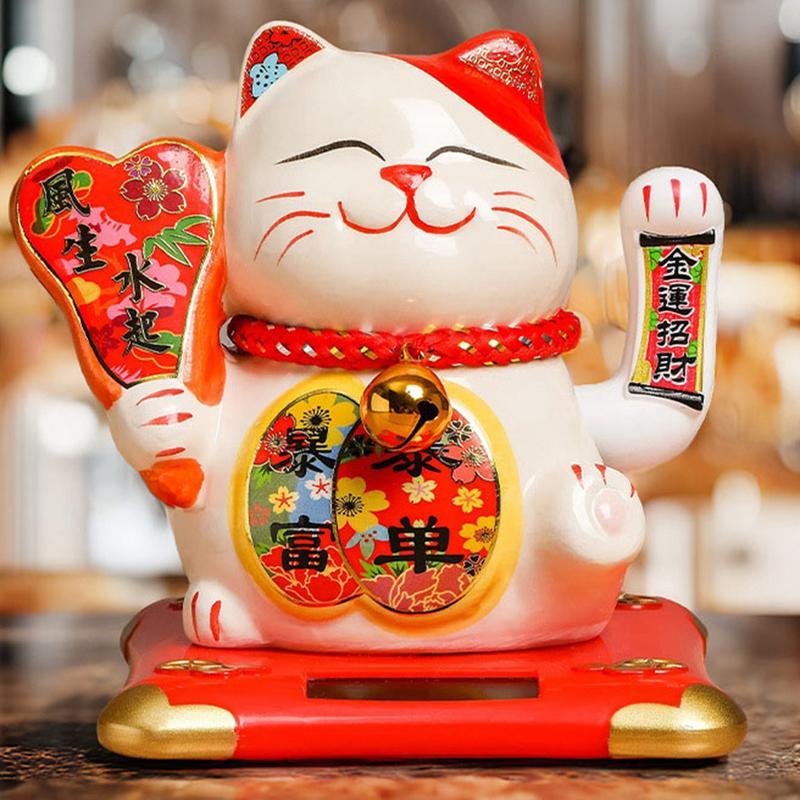 招き猫 手振り 置物 ソーラー電池 太陽電池 省エネ 自動 開運招財 陶器