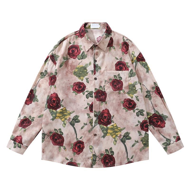 長袖 アロハシャツ メンズ 薔薇柄 春秋 ボタンダウンシャツ レトロ