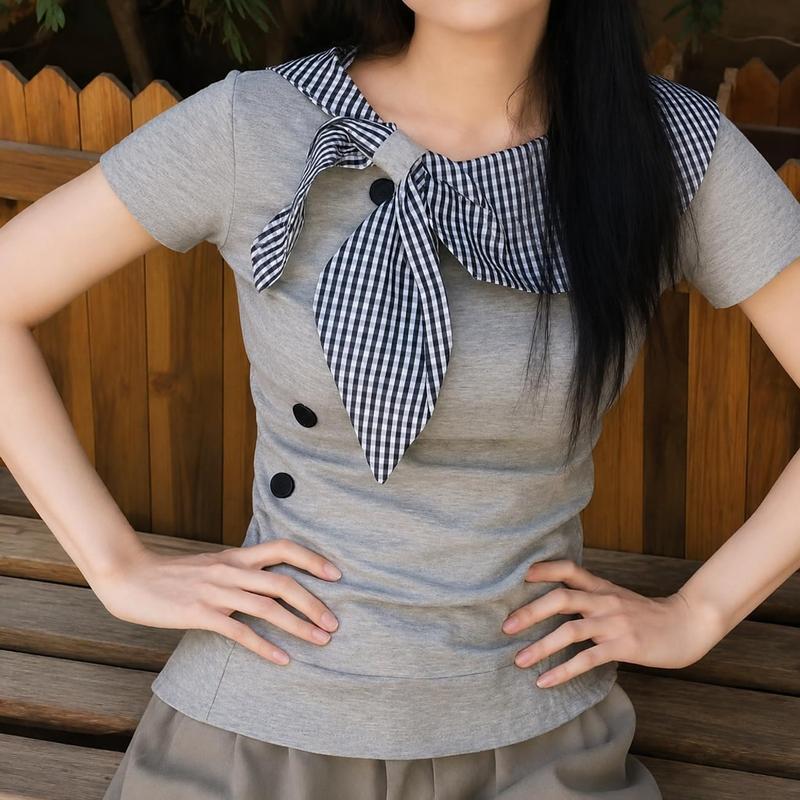 セーラー襟 Tシャツ レディース 半袖 カットソー リボン付き トップス 