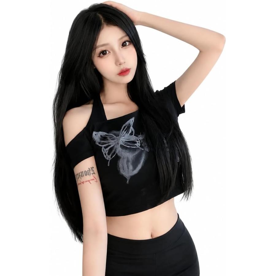 tシャツ レディース 半袖 肩あき へそ出し カットアウト ショート丈