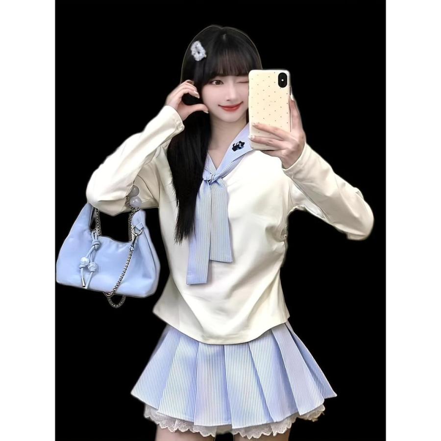 セーラー服風 カットソー レディース 大人可愛い リボン付き ブラウス