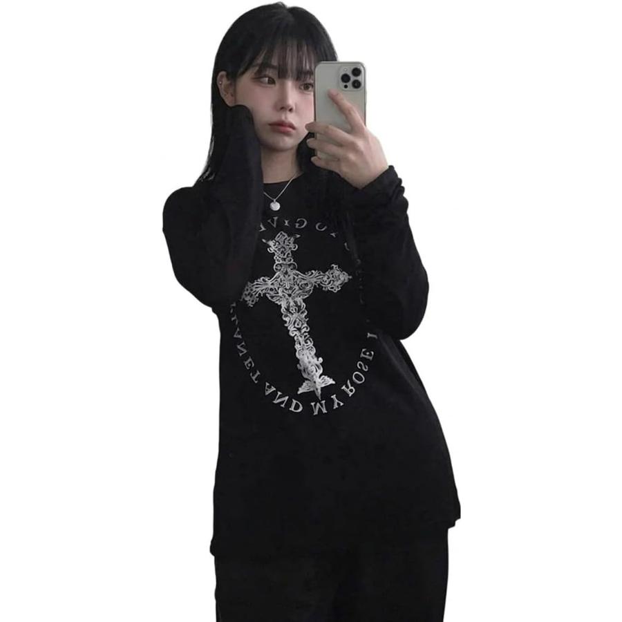 KMRii サーマル リブ 長袖カットソー 十字架 ダメージ加工 ロンT ロンT レディース 長袖 Tシャツ 十字架 地雷系 ゴシック オーバー