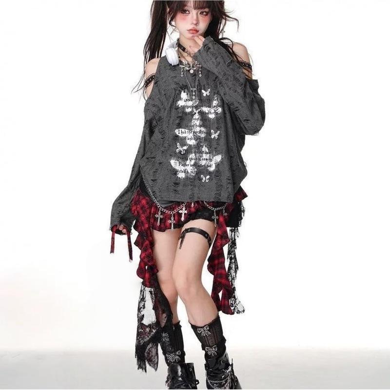 長袖Tシャツ レディース 肩出し カットソー サブカル系 ロンT 春 秋