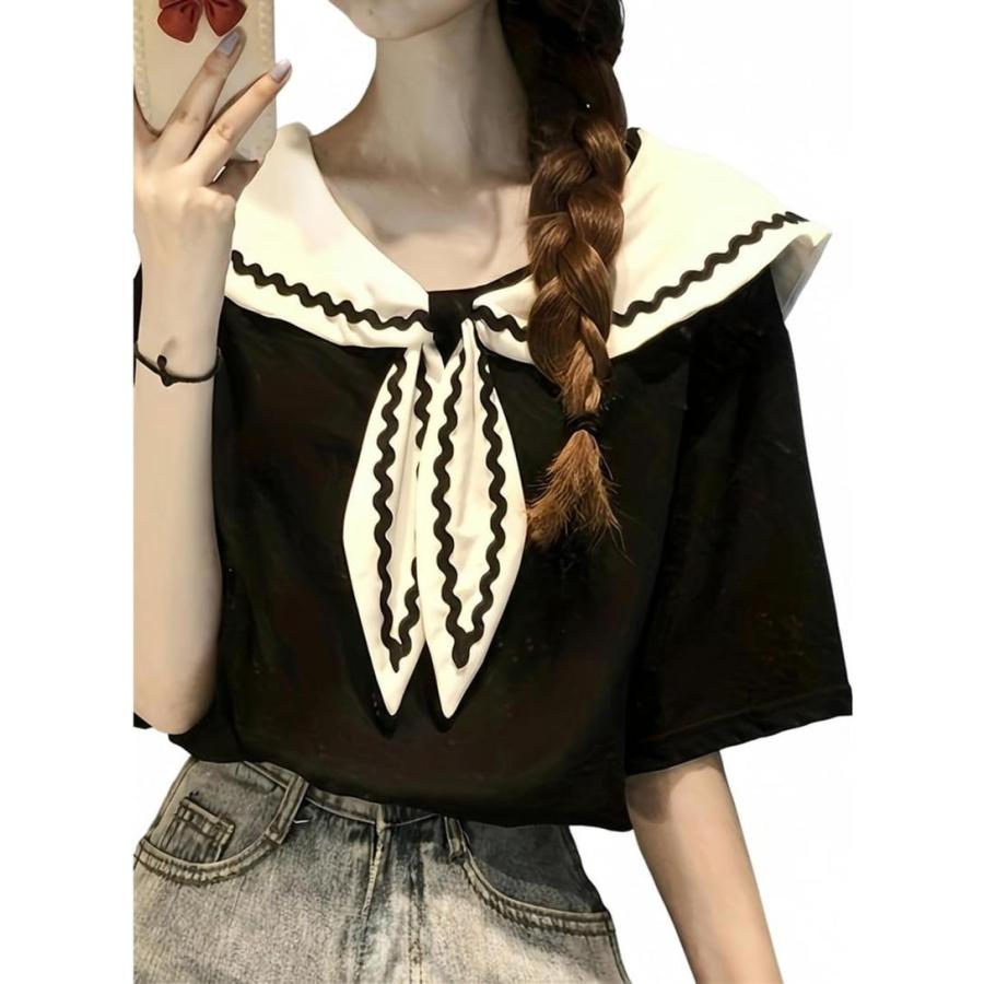 セーラーカラー Tシャツ レディース 半袖 トップス 大人可愛い 大きな