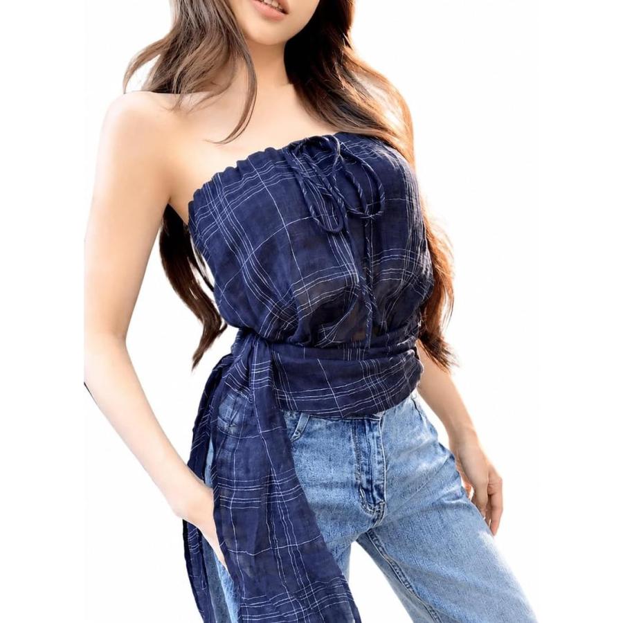 ベアトップ チューブトップ レディース チェック柄 セクシー リボン付き シアー トップス 背中見せ ウエストマーク 韓国風 ヘソ出し